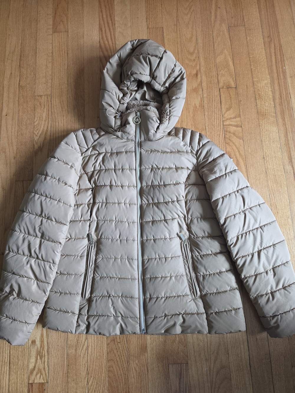 Michael Kors Women's Hooded Packable Puffer Jacket Coat Camel Tan Brown Sz L